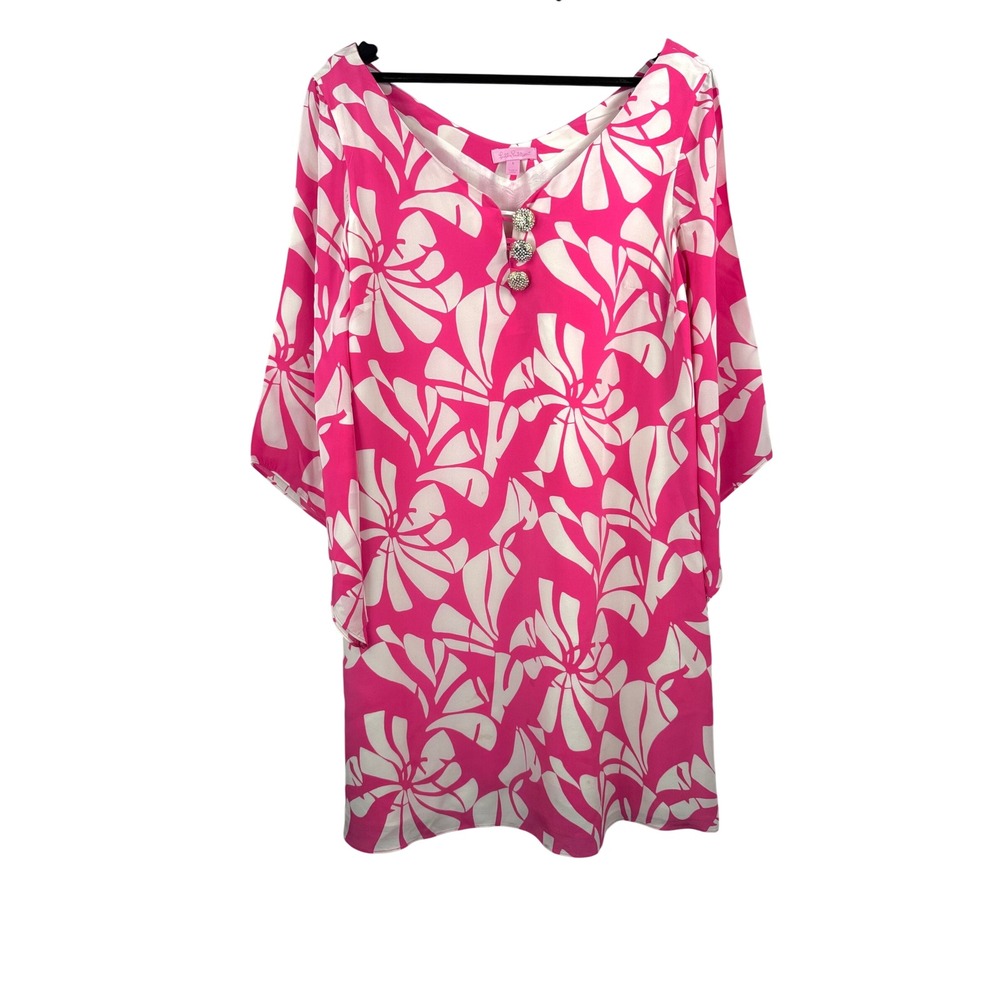 Lilly Pulitzer Silk Dress sz 6 Pink Floral Bell Sleeve Rhinestone Daiquiri Pin
